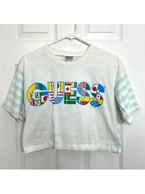 Vintage 80’s Guess Flag Cropped T-Shirt White Sea Foam Green Striped Size S